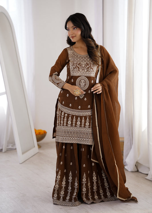 Precious Brown Color Embroidered Sharara Suit With Dupatta