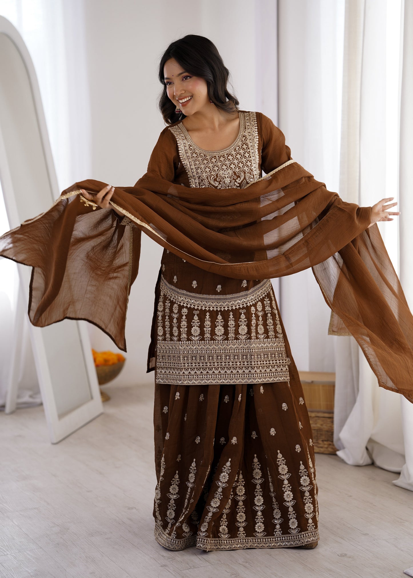 Precious Brown Color Embroidered Sharara Suit With Dupatta