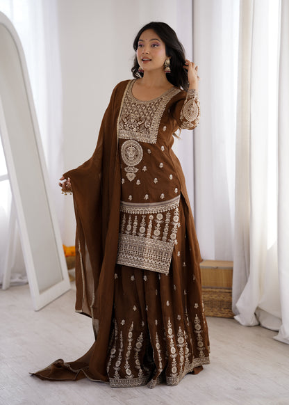 Precious Brown Color Embroidered Sharara Suit With Dupatta