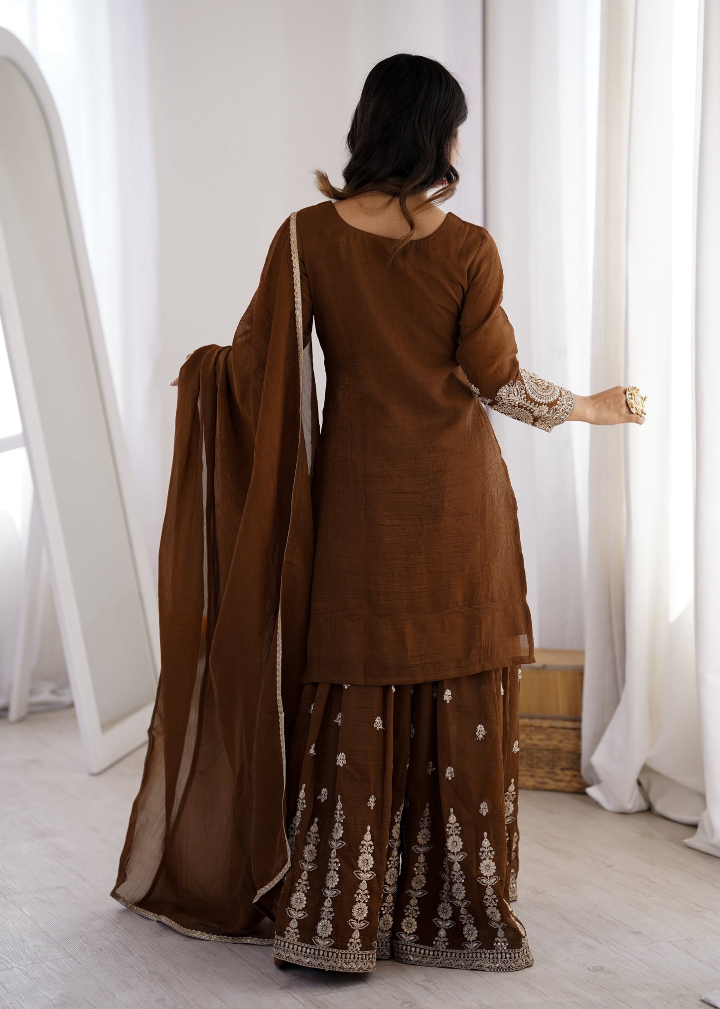 Precious Brown Color Embroidered Sharara Suit With Dupatta