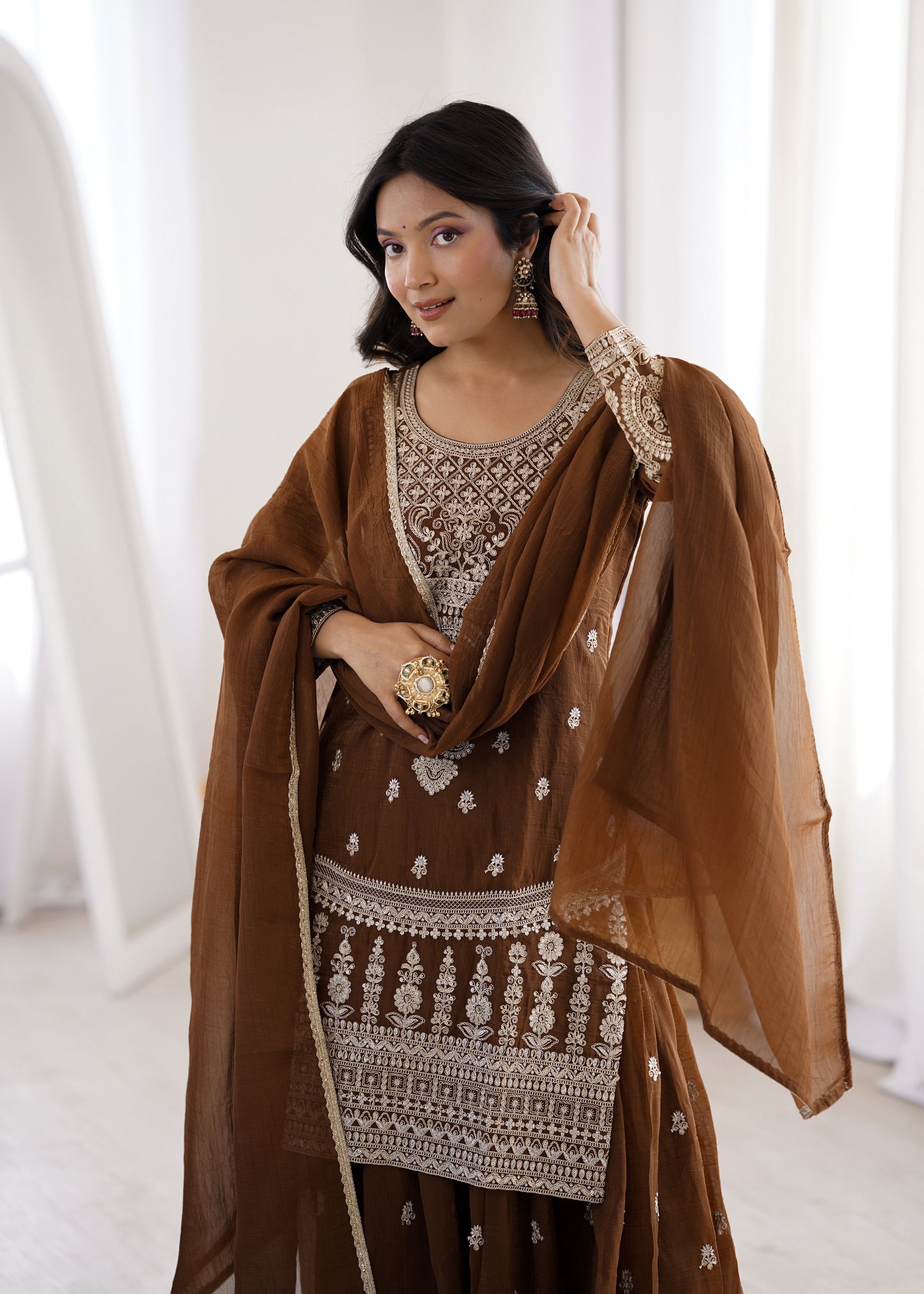 Precious Brown Color Embroidered Sharara Suit With Dupatta