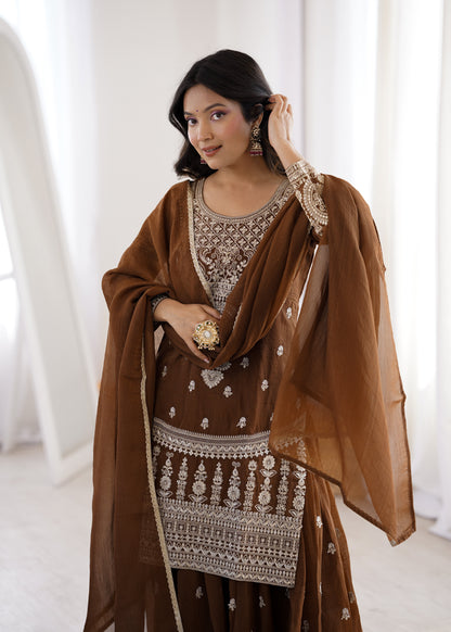 Precious Brown Color Embroidered Sharara Suit With Dupatta