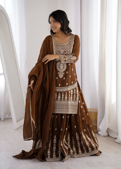 Precious Brown Color Embroidered Sharara Suit With Dupatta