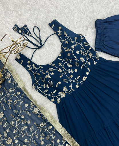 Party Wear Navy Blue Color Heavy Pure Soft Faux Georgette Designer Gown
