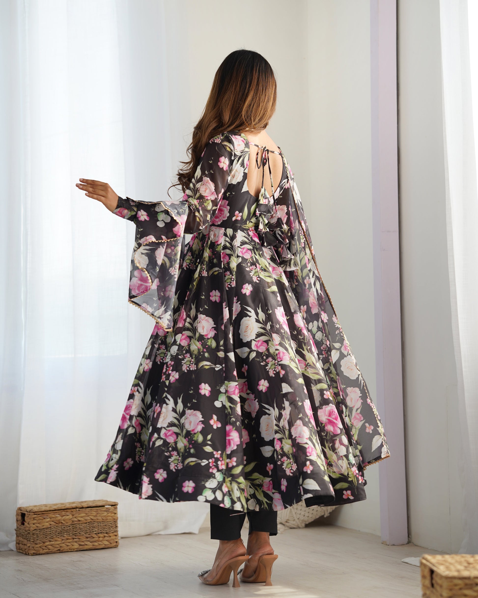 Gorgeous Flower Print Black Color Anarkali Gown