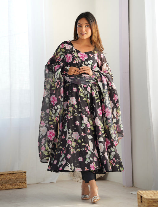 Gorgeous Flower Print Black Color Anarkali Gown