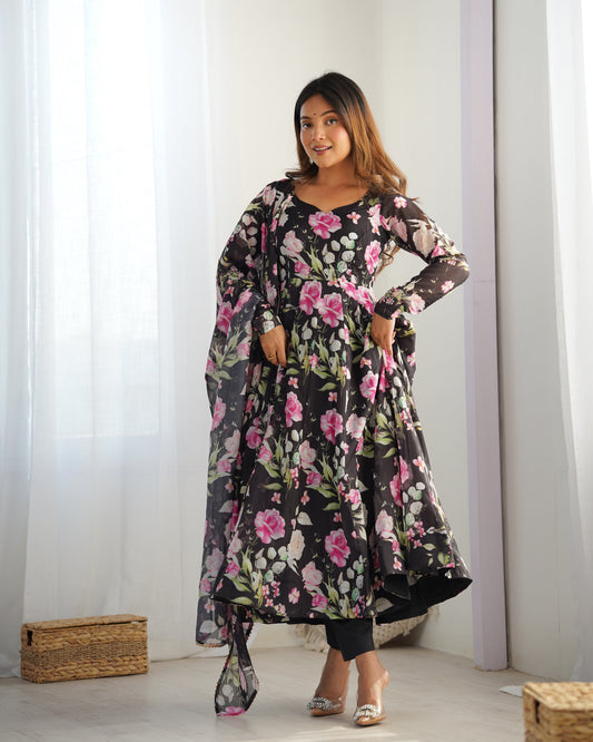 Gorgeous Flower Print Black Color Anarkali Gown