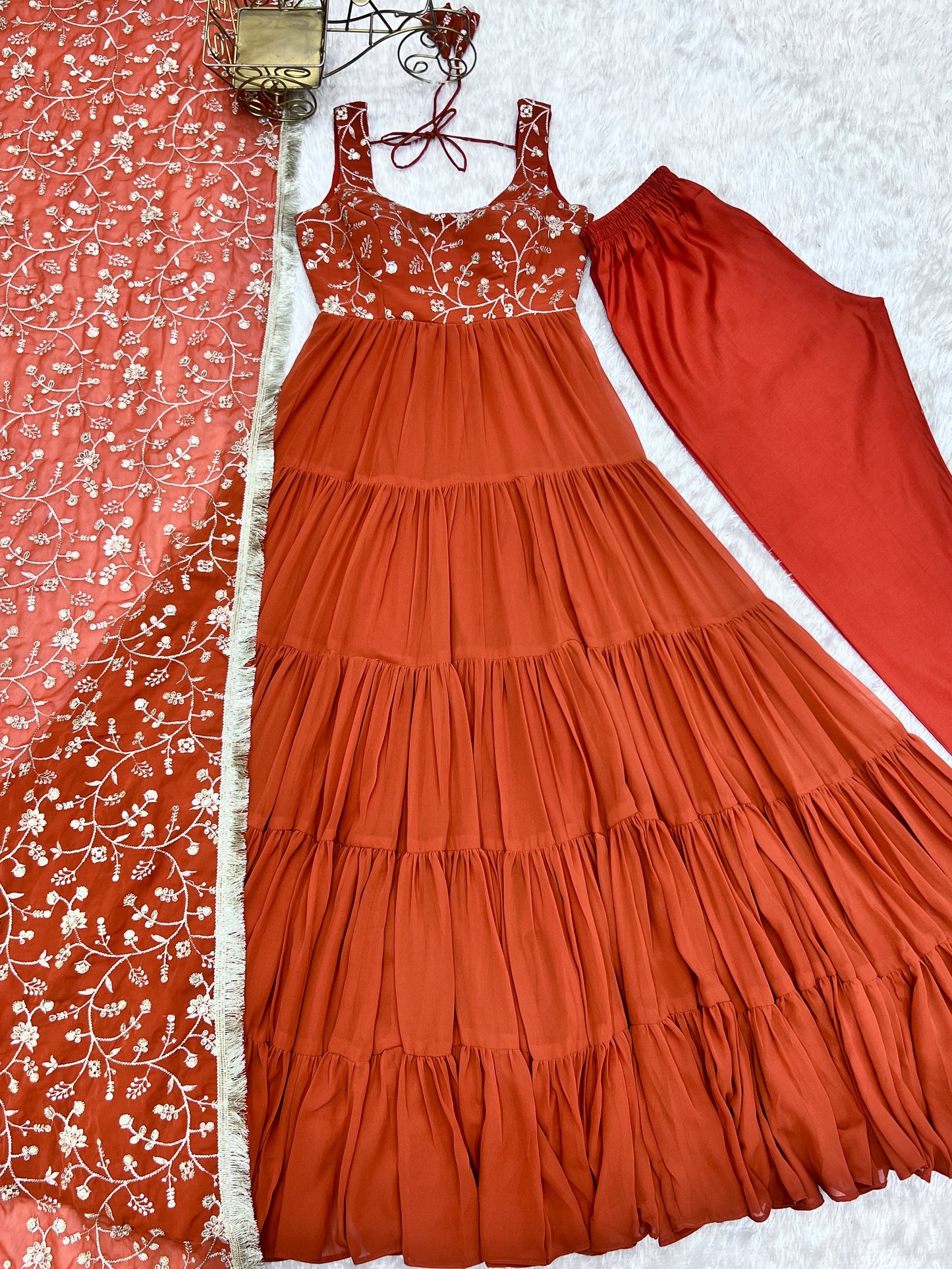 Party Wear Orange Color Heavy Pure Soft Faux Georgette Designer Gown