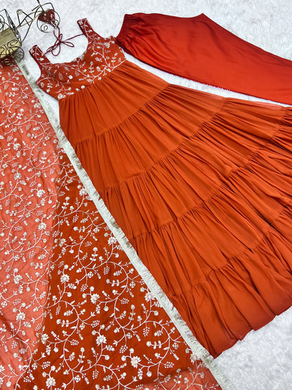 Party Wear Orange Color Heavy Pure Soft Faux Georgette Designer Gown