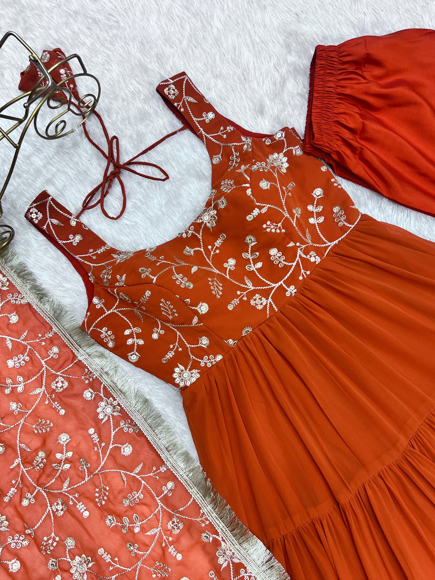 Party Wear Orange Color Heavy Pure Soft Faux Georgette Designer Gown