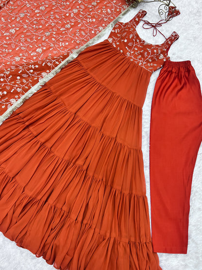 Party Wear Orange Color Heavy Pure Soft Faux Georgette Designer Gown