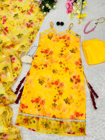 Fabulous Jimmy Organza Floral Printed Yellow Color Anarkali Suit