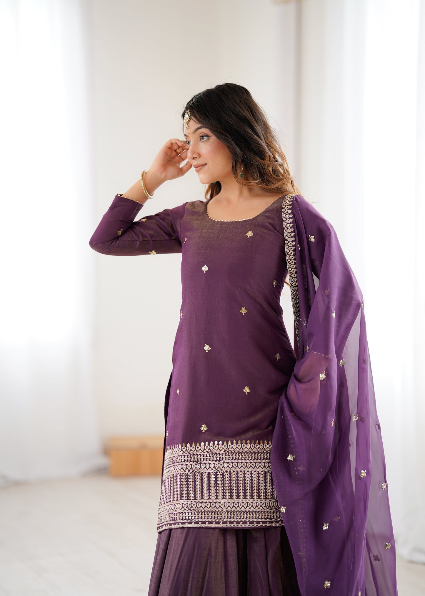 Wedding Wear Purple Color Sequnce Embroidered Top With Lehenga Set