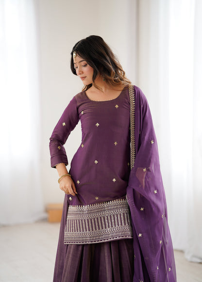 Wedding Wear Purple Color Sequnce Embroidered Top With Lehenga Set