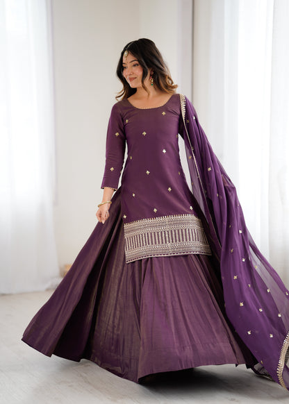 Wedding Wear Purple Color Sequnce Embroidered Top With Lehenga Set