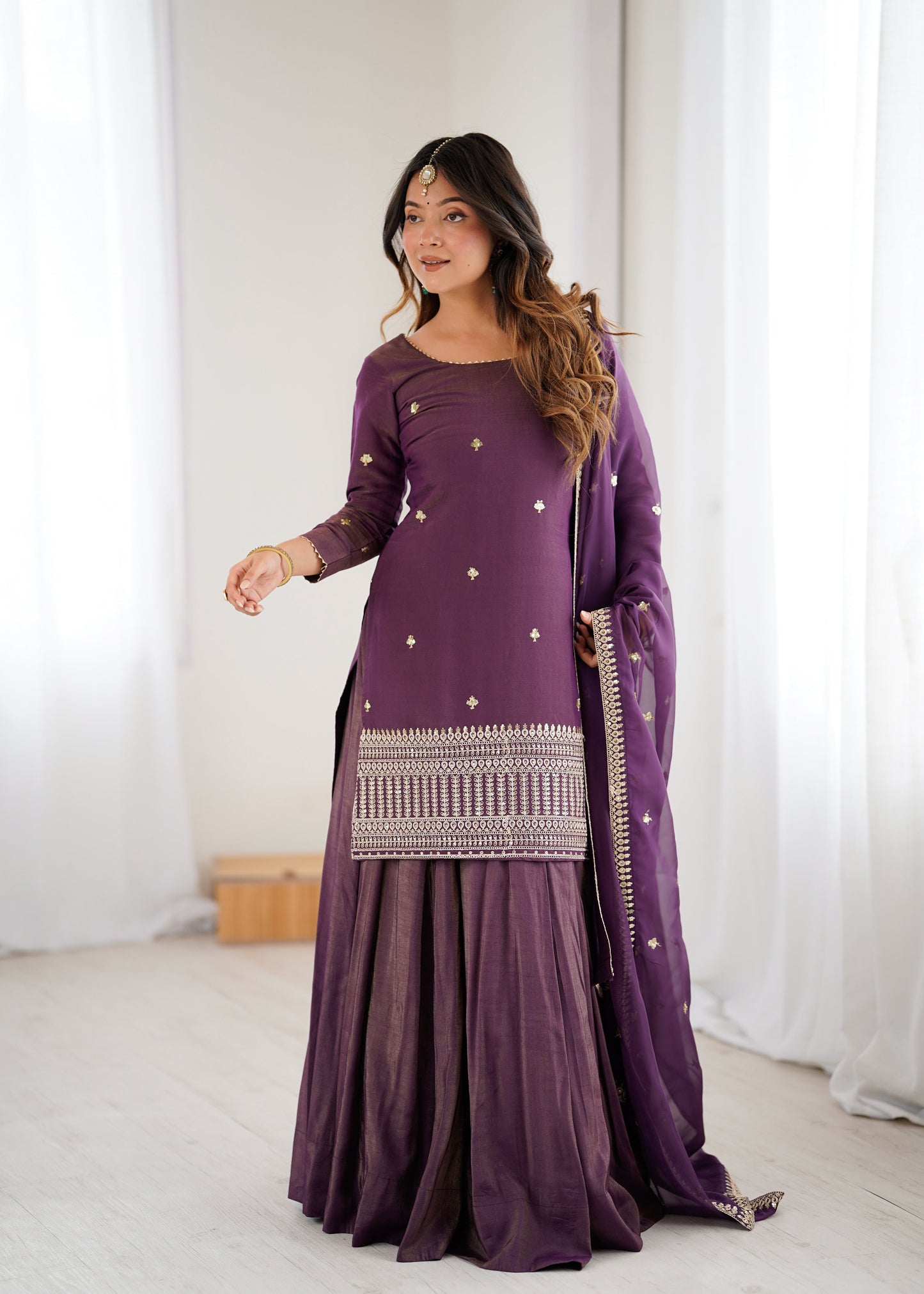 Wedding Wear Purple Color Sequnce Embroidered Top With Lehenga Set