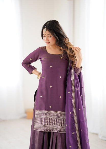 Wedding Wear Purple Color Sequnce Embroidered Top With Lehenga Set