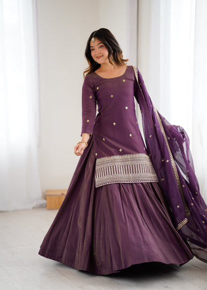 Wedding Wear Purple Color Sequnce Embroidered Top With Lehenga Set