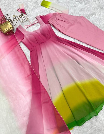Party Wear Peach And Pink Color Heavy Pure Soft Faux Georgette Designer Anarkali Gown