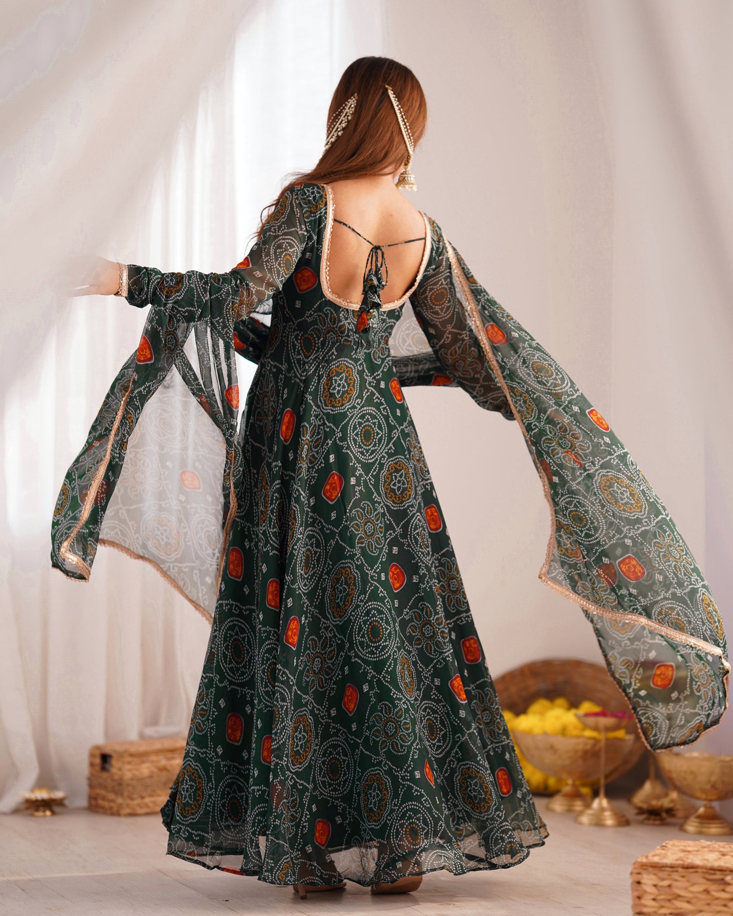 Festive Wear Green Color Pure Soft Lightweight Chiffon Bandhej Fabric Designer Gown