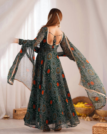 Festive Wear Green Color Pure Soft Lightweight Chiffon Bandhej Fabric Designer Gown