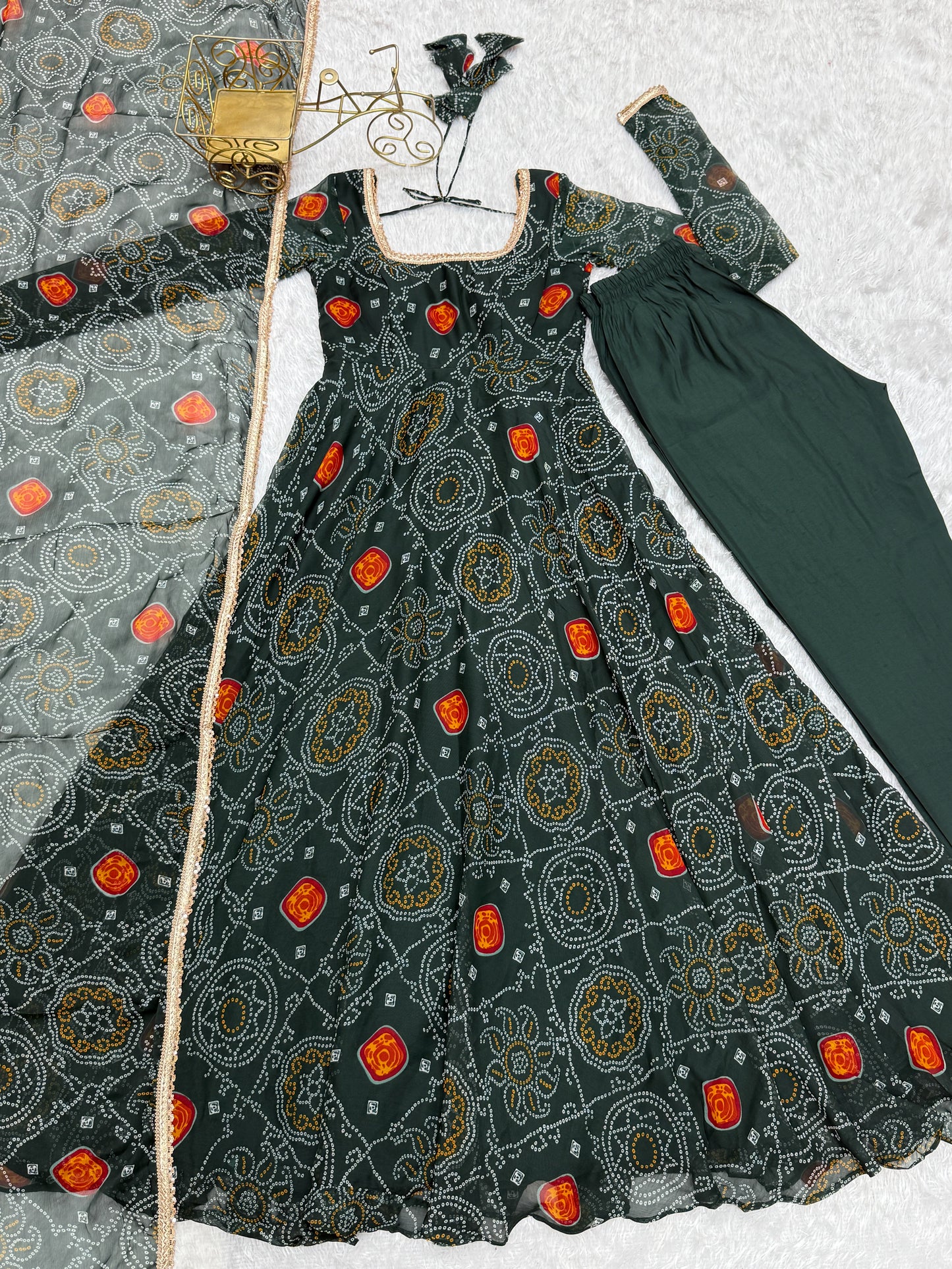 Festive Wear Green Color Pure Soft Lightweight Chiffon Bandhej Fabric Designer Gown