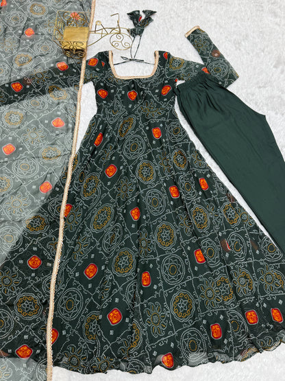 Festive Wear Green Color Pure Soft Lightweight Chiffon Bandhej Fabric Designer Gown