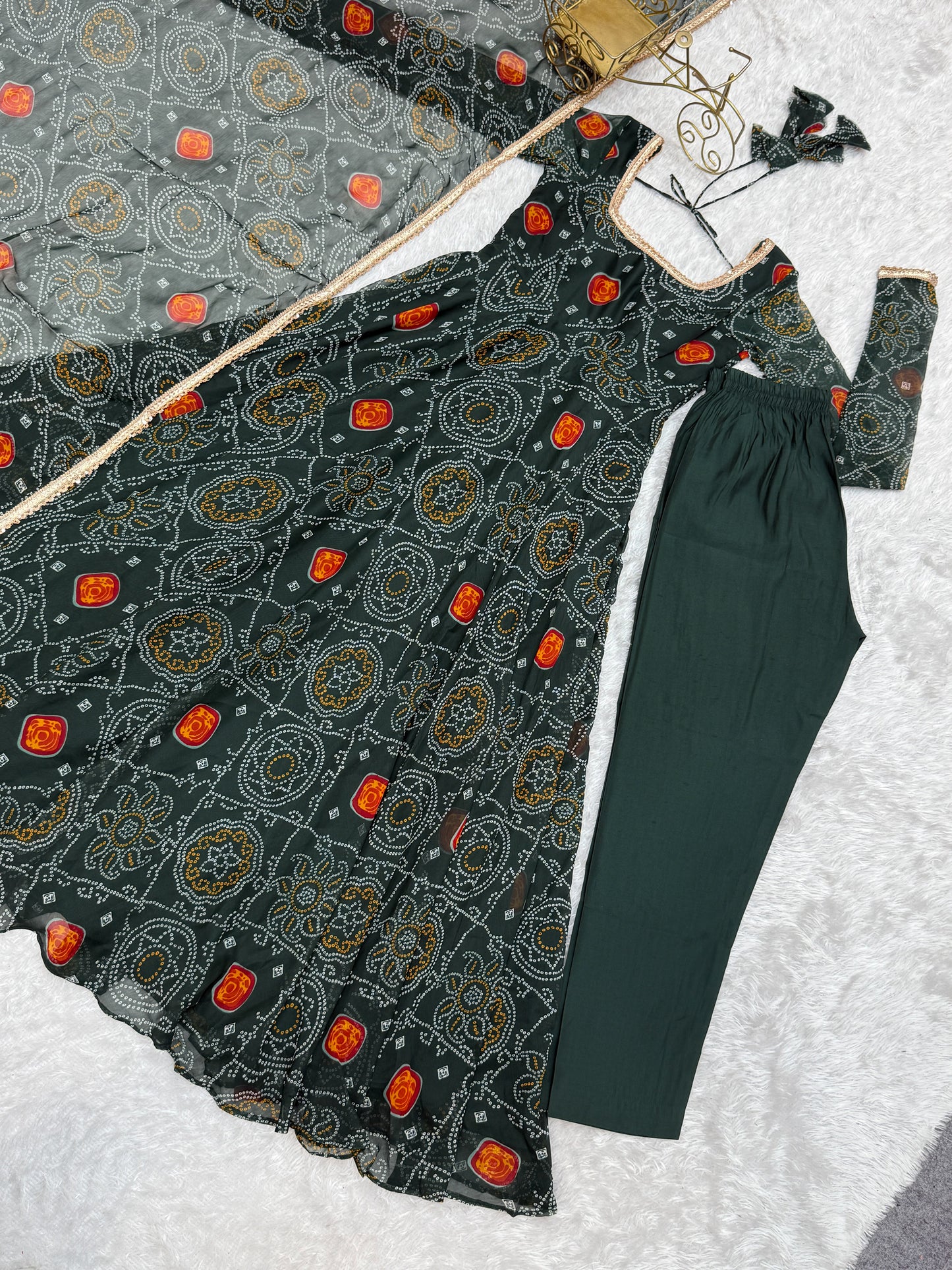 Festive Wear Green Color Pure Soft Lightweight Chiffon Bandhej Fabric Designer Gown
