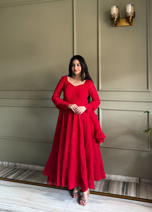 Delightful Red Color Sequence Embroidered Anarkali Suit with Dupatta
