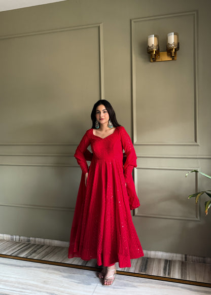 Delightful Red Color Sequence Embroidered Anarkali Suit with Dupatta