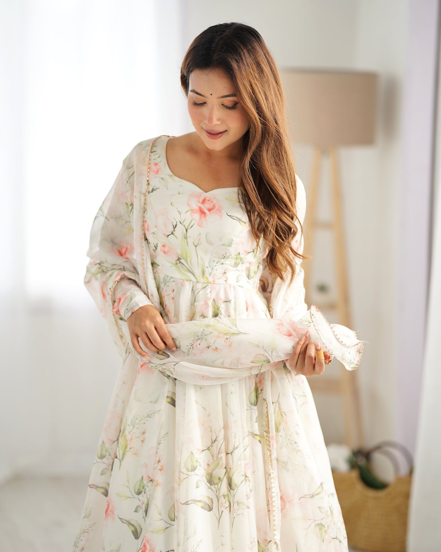 Gorgeous Flower Print White Color Anarkali Gown