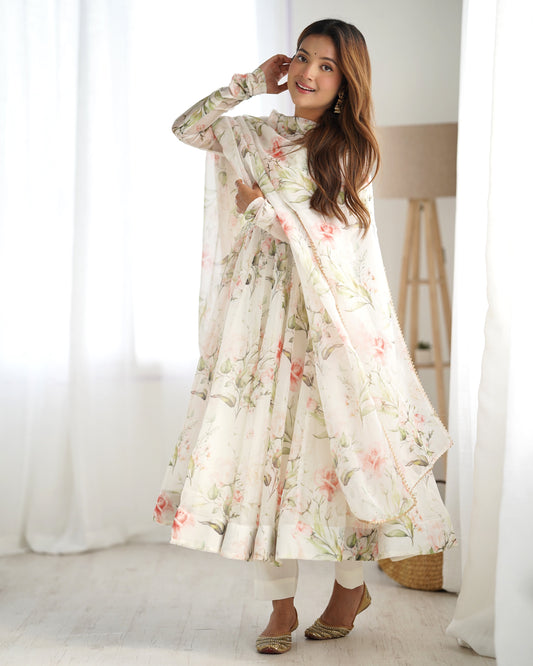 Gorgeous Flower Print White Color Anarkali Gown
