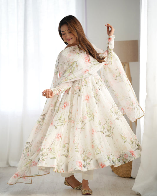 Gorgeous Flower Print White Color Anarkali Gown