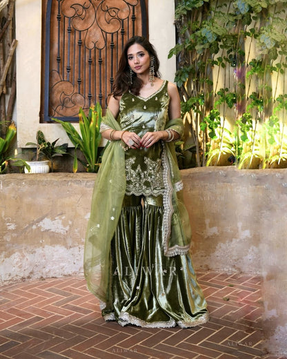 Preferable Sequence Work Green Color Sharara Suit