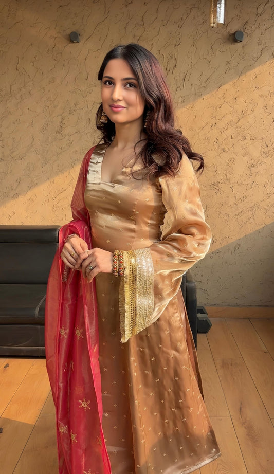 Glossy Embroidered Work Chiku Color Salwar Suit With Red Dupatta