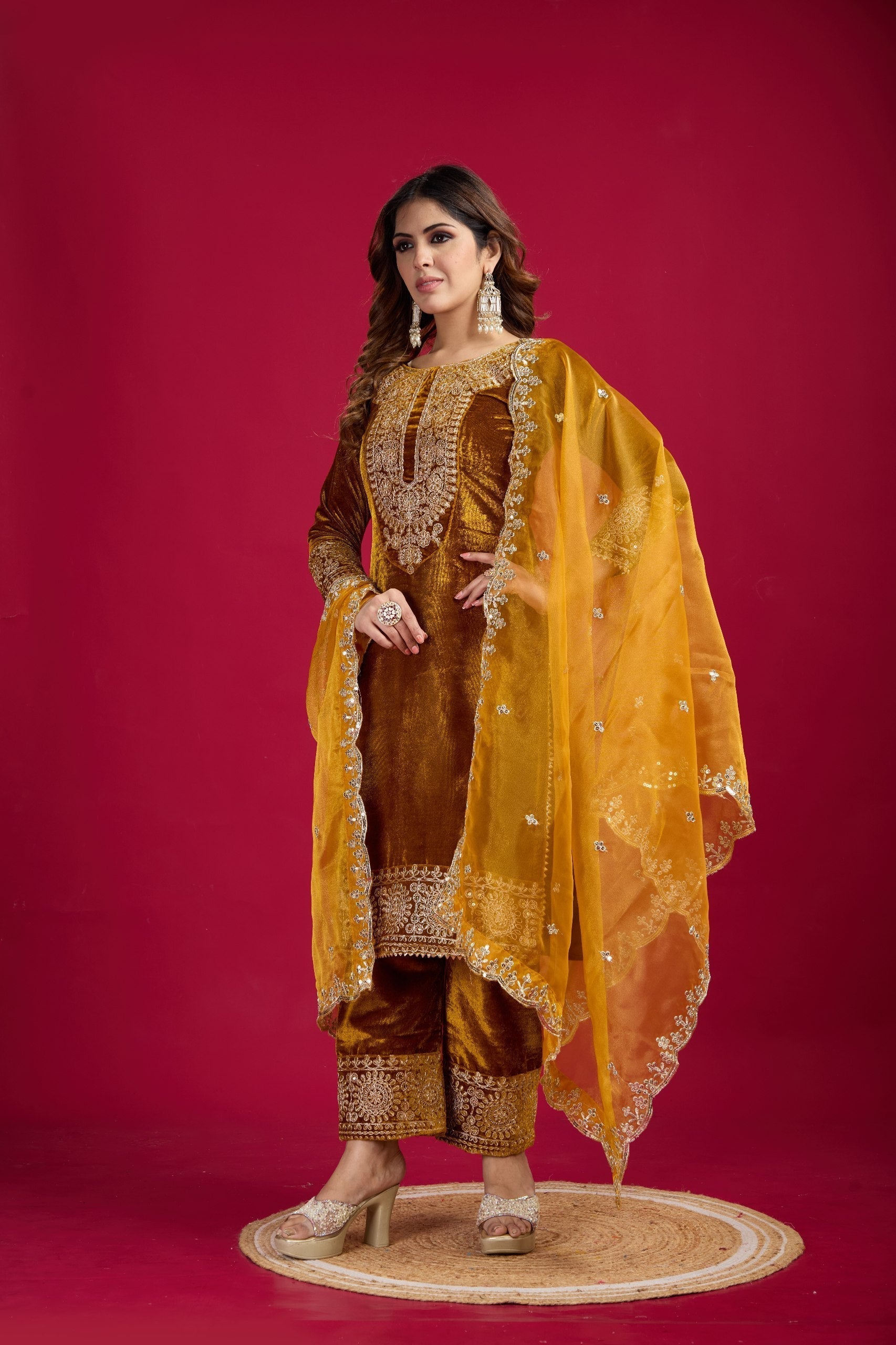 Occasion Wear Embroidery Work Mustard Color Plazzo Suit