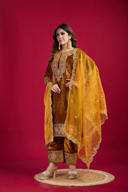 Occasion Wear Embroidery Work Mustard Color Plazzo Suit