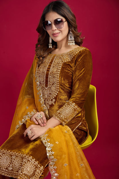 Occasion Wear Embroidery Work Mustard Color Plazzo Suit