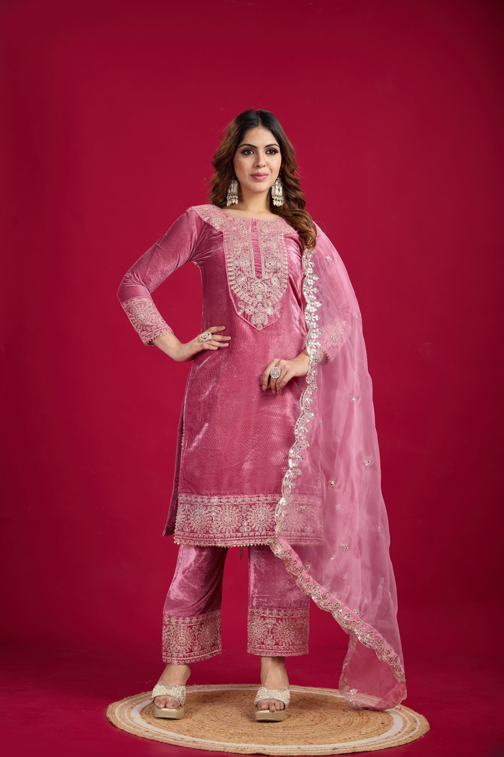 Occasion Wear Embroidery Work Pink Color Plazzo Suit