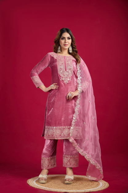 Occasion Wear Embroidery Work Pink Color Plazzo Suit