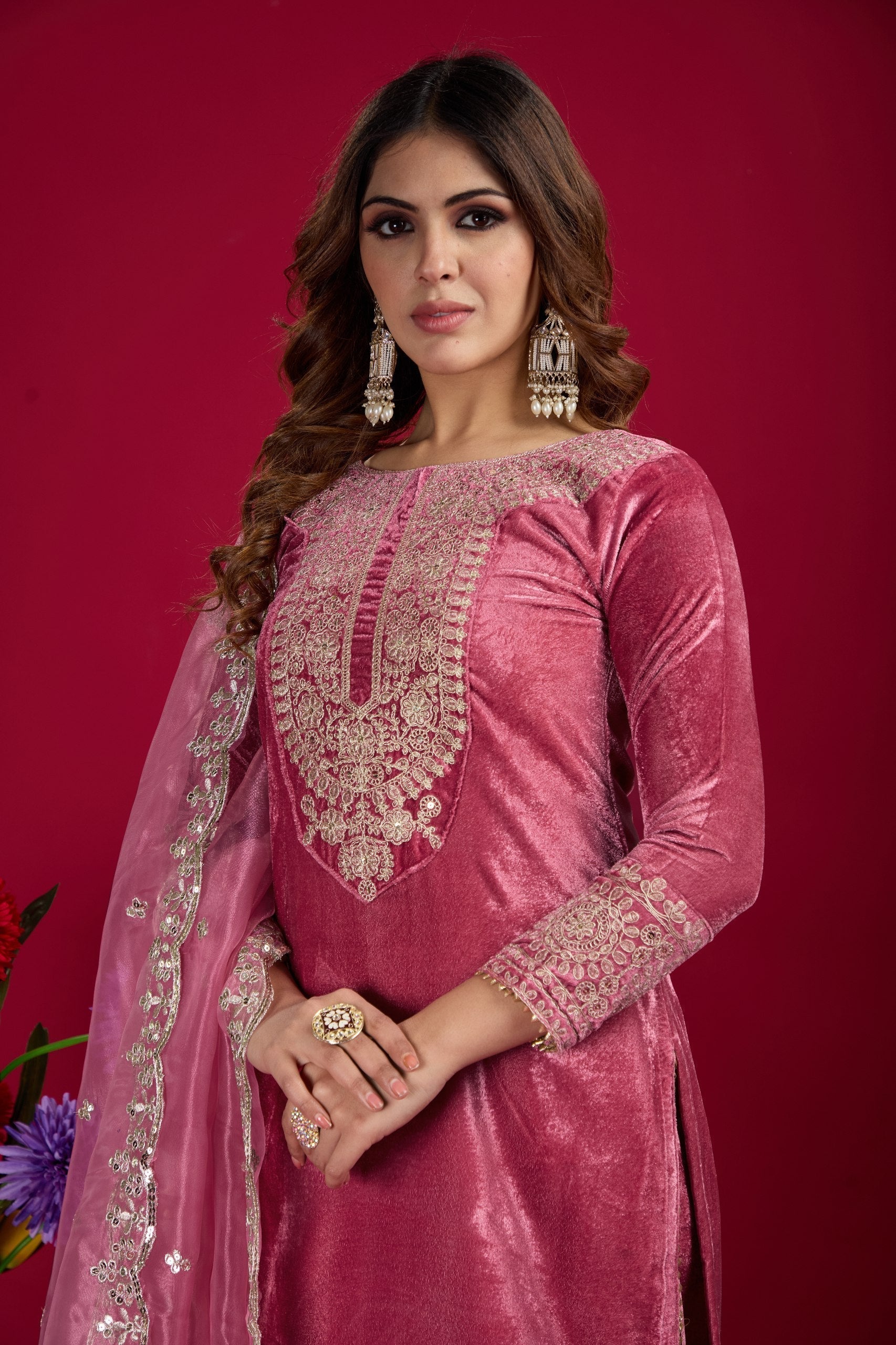 Occasion Wear Embroidery Work Pink Color Plazzo Suit