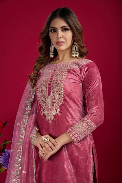 Occasion Wear Embroidery Work Pink Color Plazzo Suit