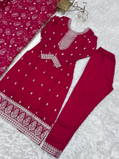 Attractive Pink Color Rangoli Silk Fabric Kurta With Dupatta Set