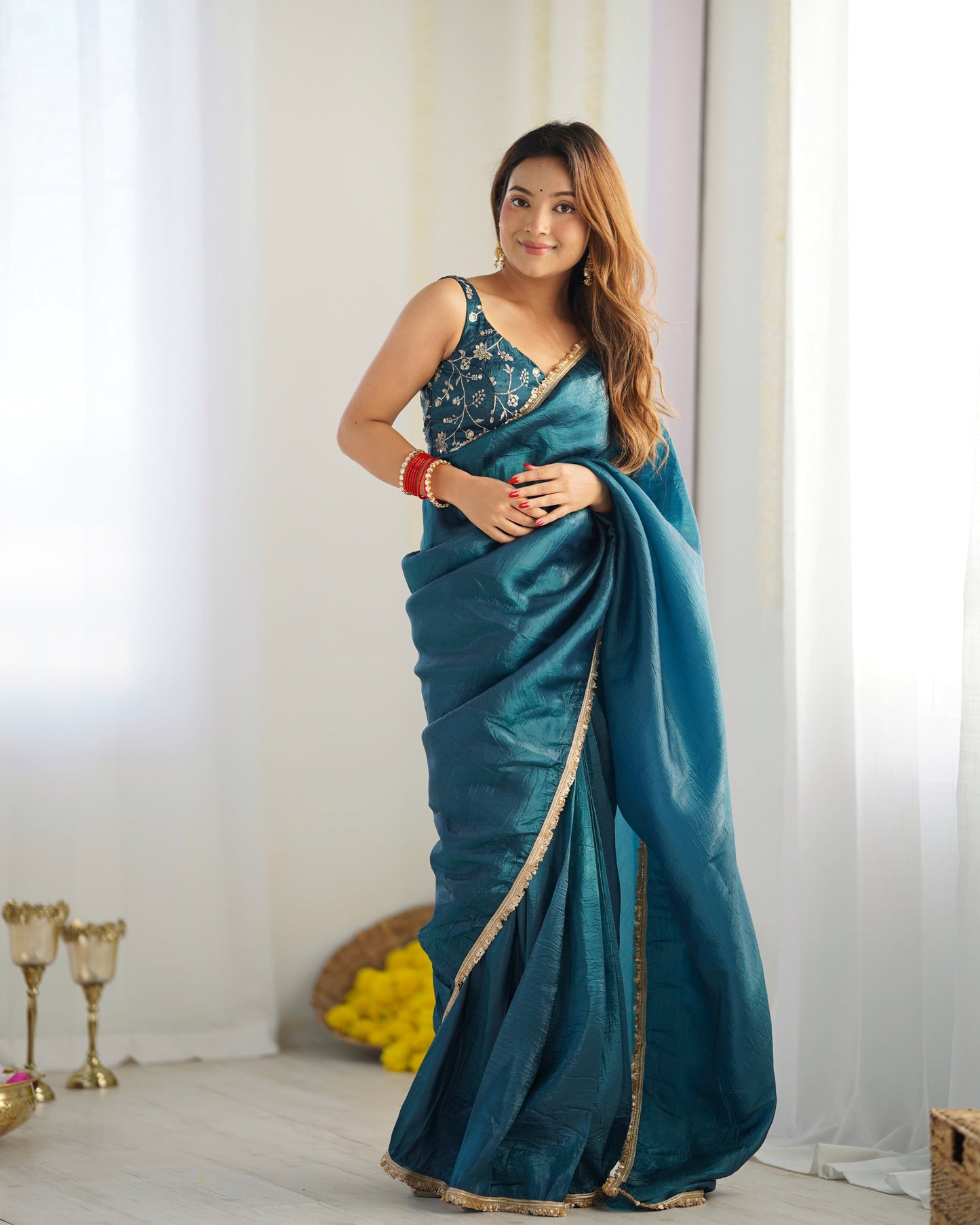 Ceremony Wear Teal Blue Color Premium Quality Gold Crush Tissue Silk Fabric With Fancy Border Premium Lace Work Predrapped Saree