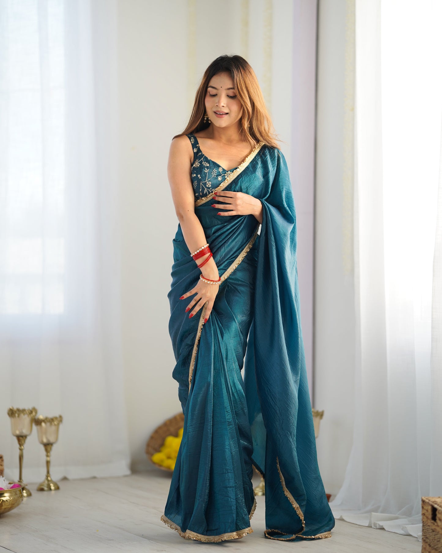 Ceremony Wear Teal Blue Color Premium Quality Gold Crush Tissue Silk Fabric With Fancy Border Premium Lace Work Predrapped Saree