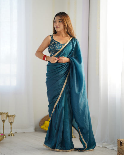 Ceremony Wear Teal Blue Color Premium Quality Gold Crush Tissue Silk Fabric With Fancy Border Premium Lace Work Predrapped Saree