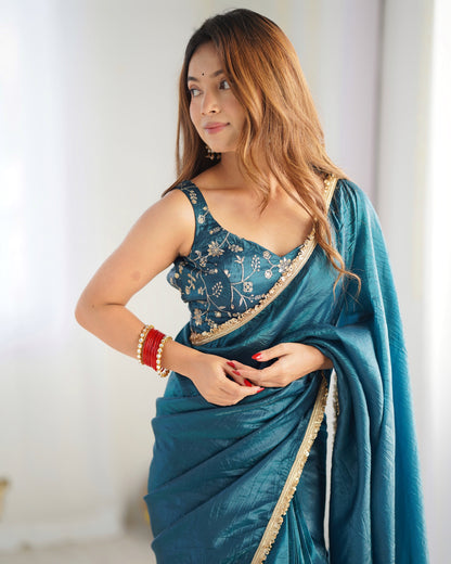 Ceremony Wear Teal Blue Color Premium Quality Gold Crush Tissue Silk Fabric With Fancy Border Premium Lace Work Predrapped Saree