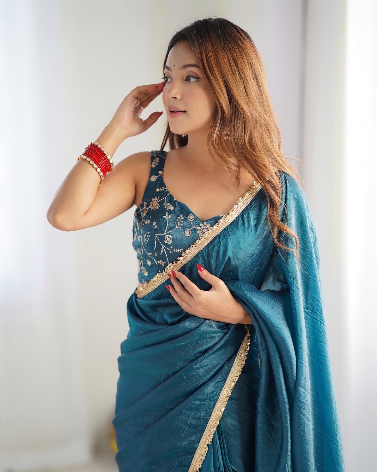 Ceremony Wear Teal Blue Color Premium Quality Gold Crush Tissue Silk Fabric With Fancy Border Premium Lace Work Predrapped Saree