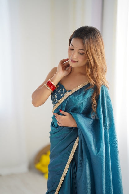 Ceremony Wear Teal Blue Color Premium Quality Gold Crush Tissue Silk Fabric With Fancy Border Premium Lace Work Predrapped Saree