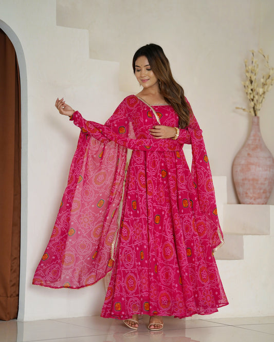 Festive Wear Rani Pink Color Pure Soft Lightweight Chiffon Bandhej Fabric Designer Gown